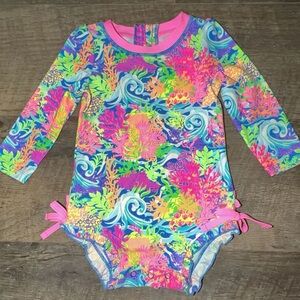 Ruffle butts  Neon Coral & Turquoise Long-Sleeve Kids Swim One-Piece